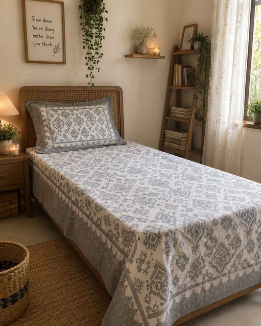 Slate Grey Ikat Jaal Single Bedsheet – 100% Cotton | 240 TC