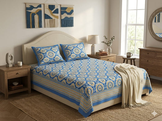 Blue Medallion Ikkat Bedsheet