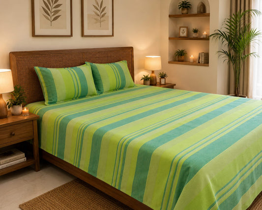 Fresh Green & Teal Stripe Handloom Bedsheet Set