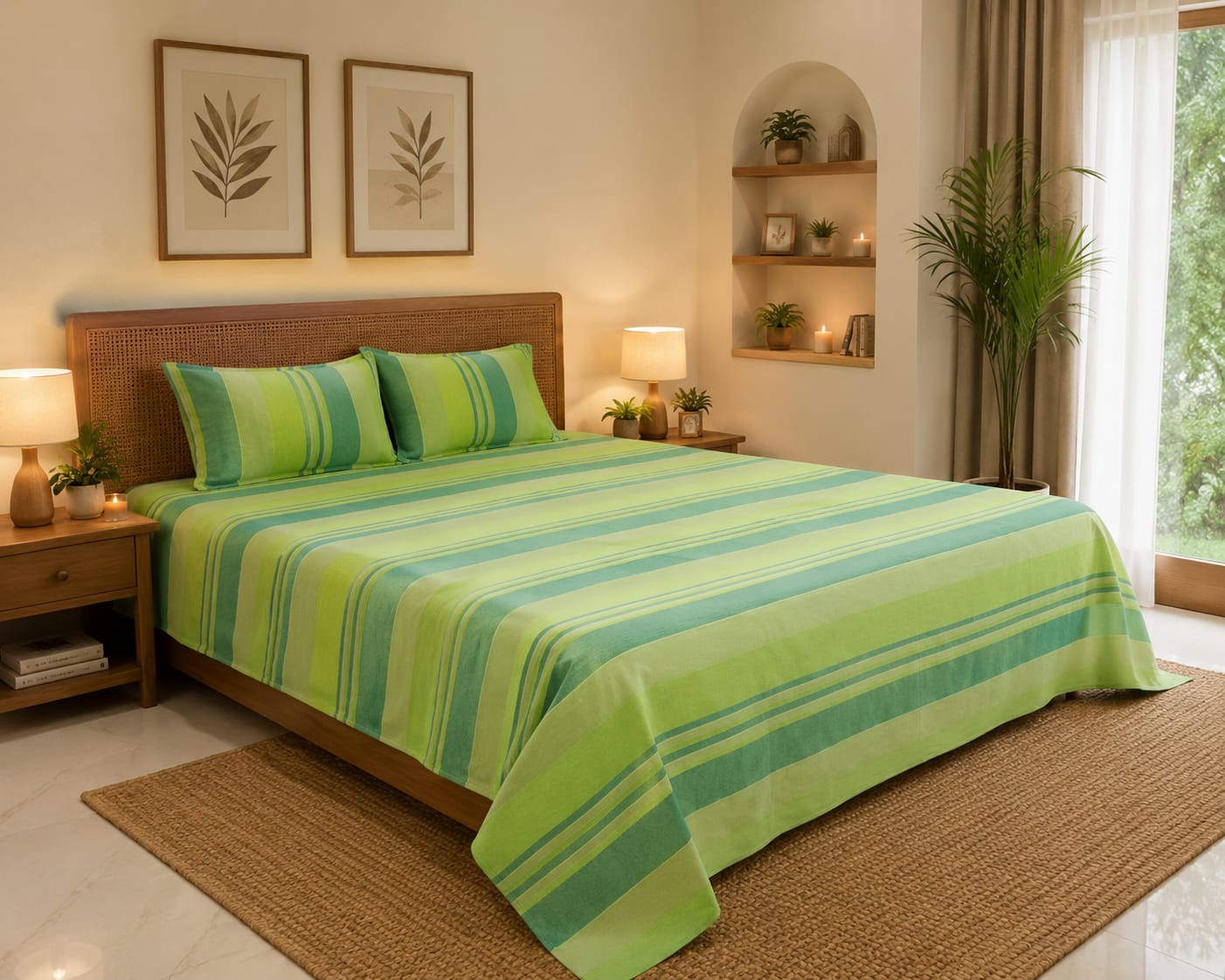 Fresh Green & Teal Stripe Handloom Bedsheet Set