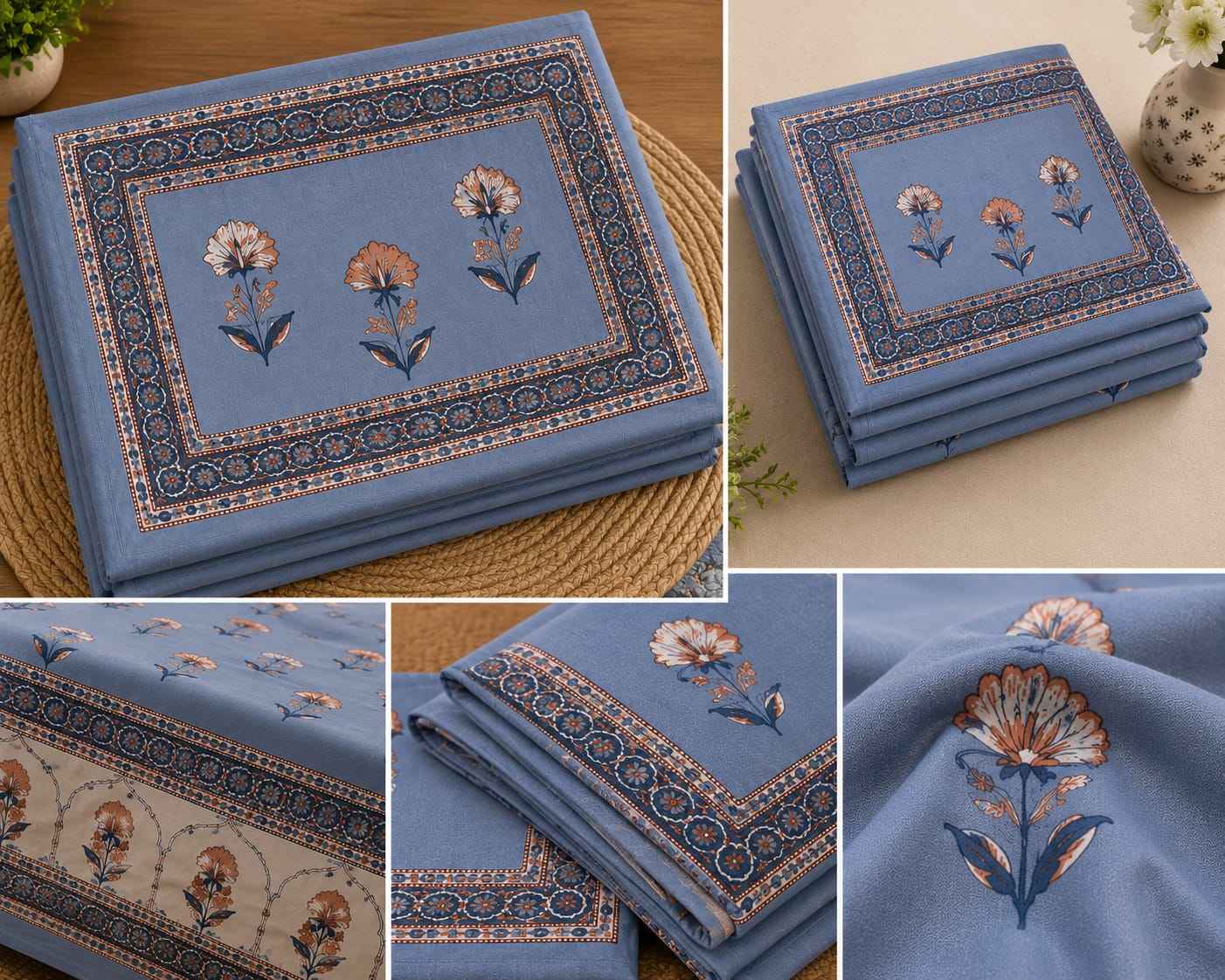 Powder Blue Mughal Bloom – Powder Blue, Beige & Dusty Peach