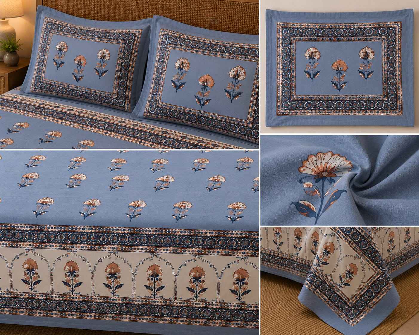 Powder Blue Mughal Bloom – Powder Blue, Beige & Dusty Peach