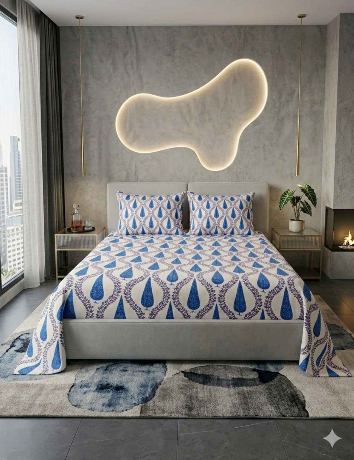 Indigo Leaf Rhythm – Ivory, Indigo Blue & Mauve