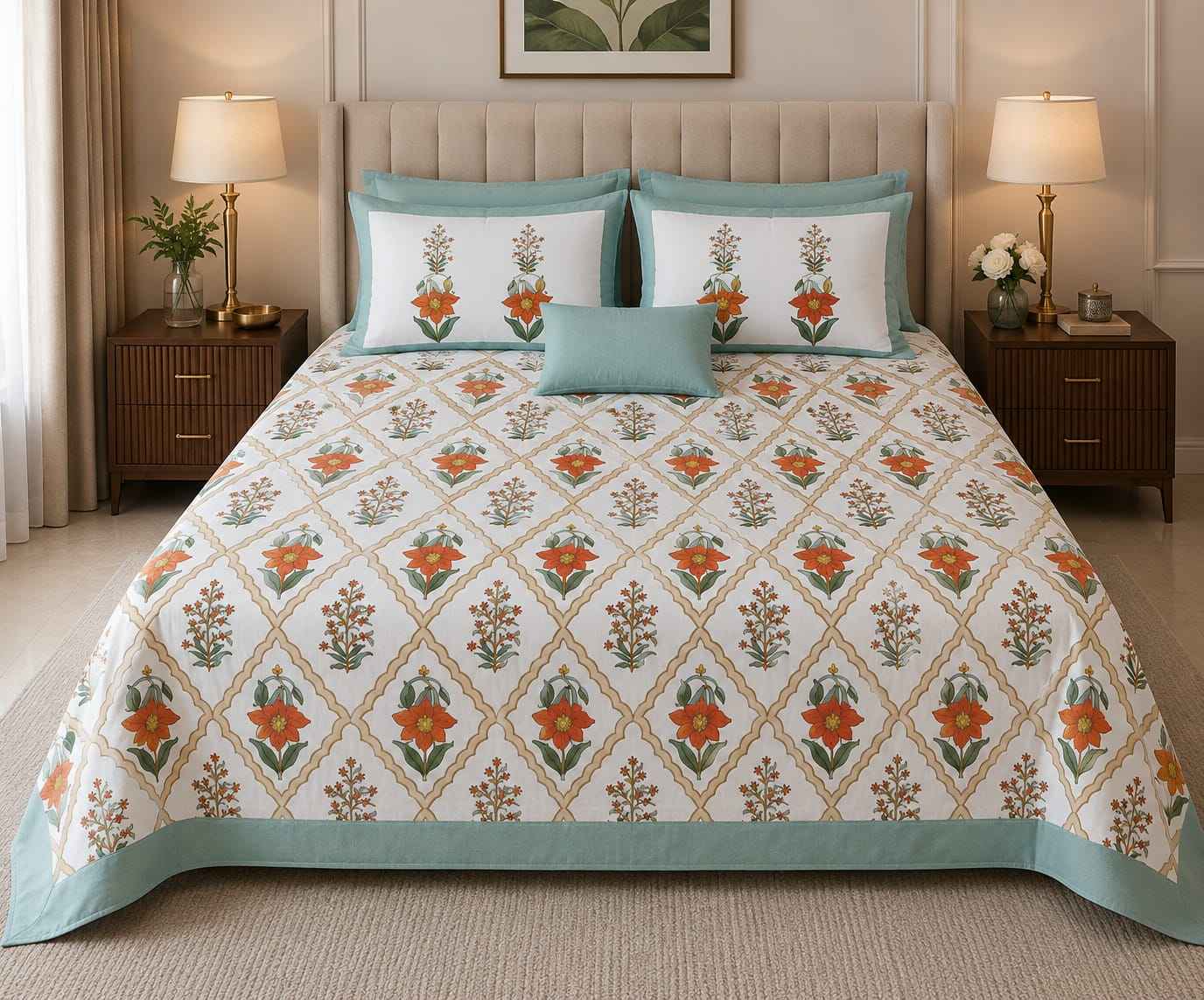 Mint Blossom Jaal – Mint Green, Ivory & Soft Orange