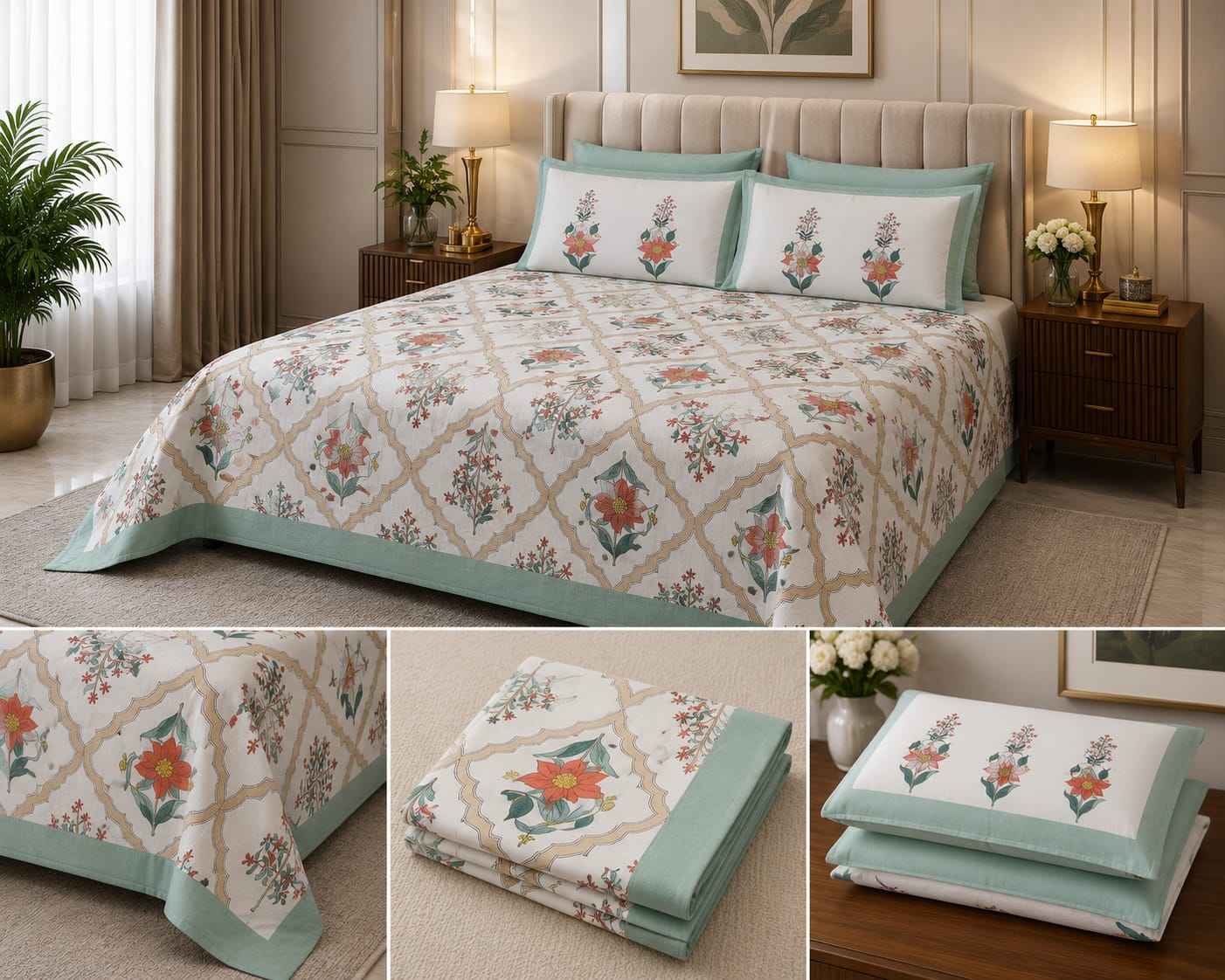 Mint Blossom Jaal – Mint Green, Ivory & Soft Orange