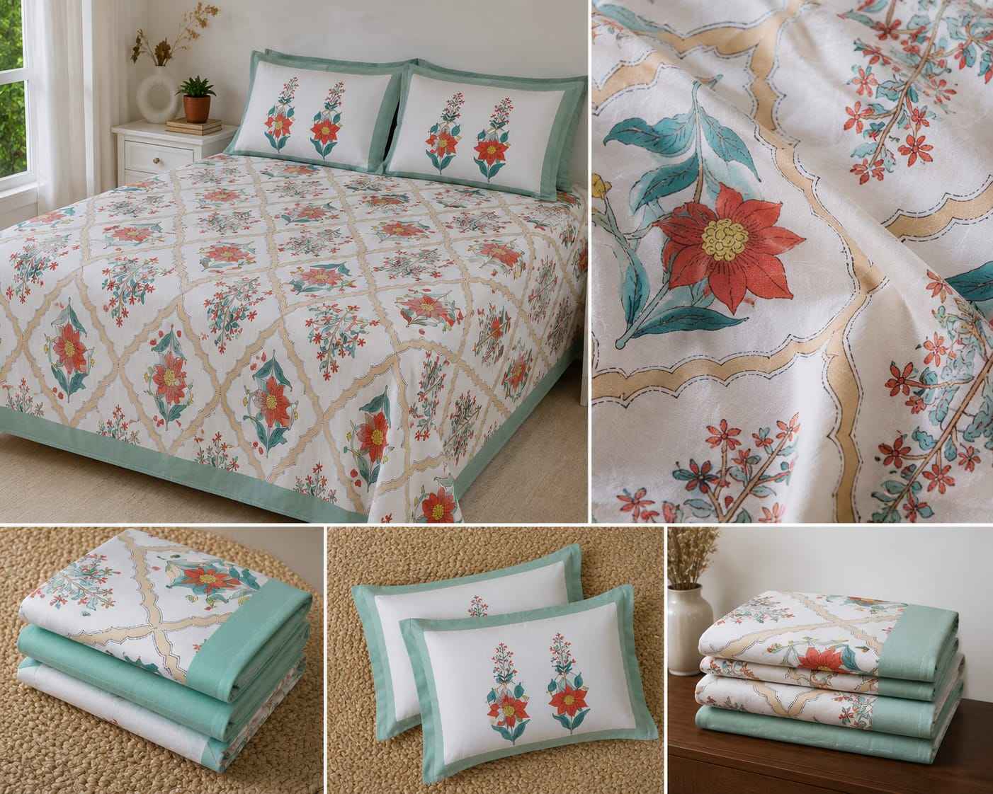 Mint Blossom Jaal – Mint Green, Ivory & Soft Orange