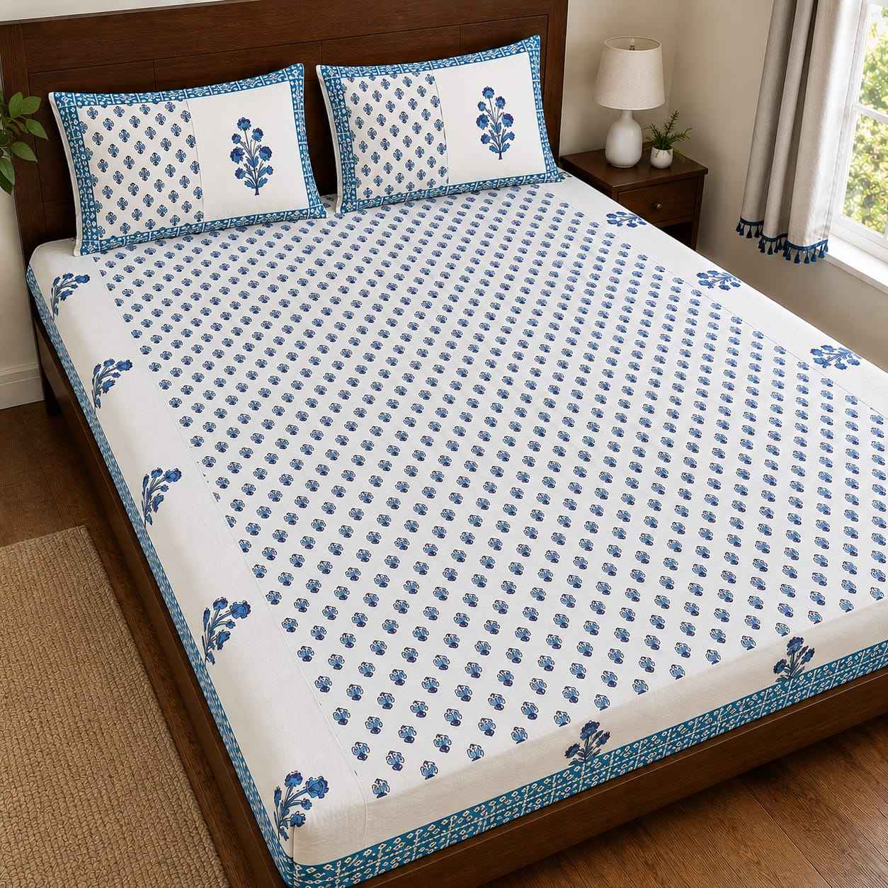 Indigo Buti Border Fitted Bedsheet Set – King Size