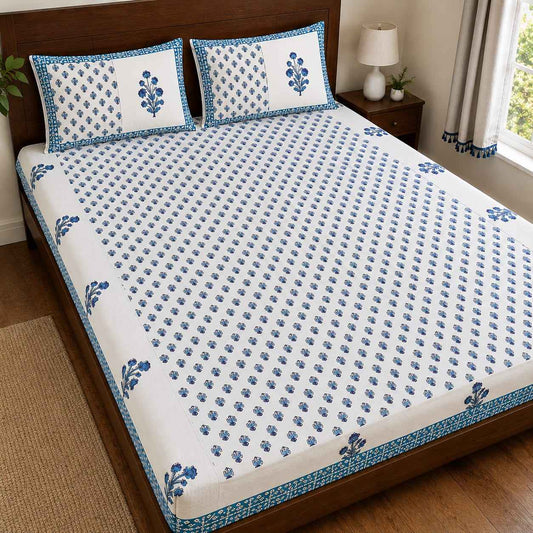 Indigo Buti Border Fitted Bedsheet Set – King Size