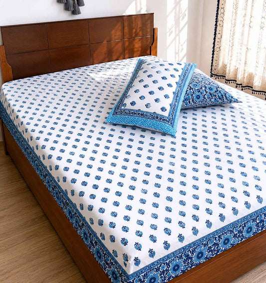 Royal Indigo Buti Fitted Bedsheet Set – King Size