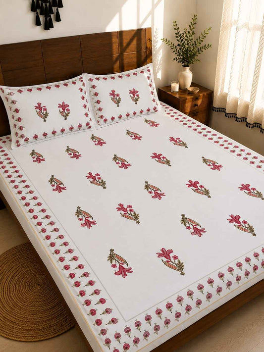 Pink Lily Border Fitted Bedsheet Set – King Size
