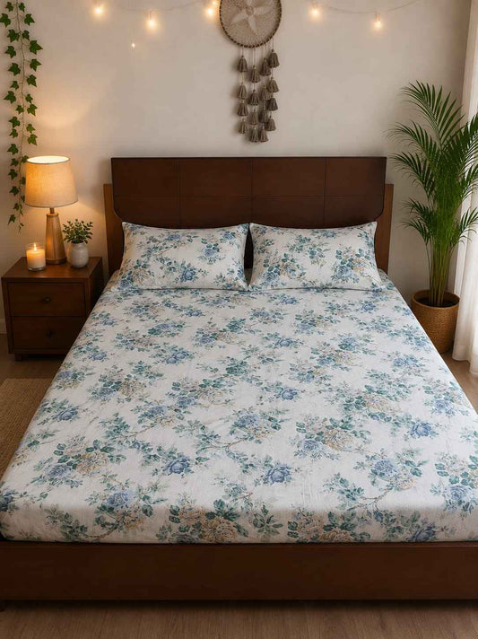 Misty Blue Rose Fitted Bedsheet Set – King Size