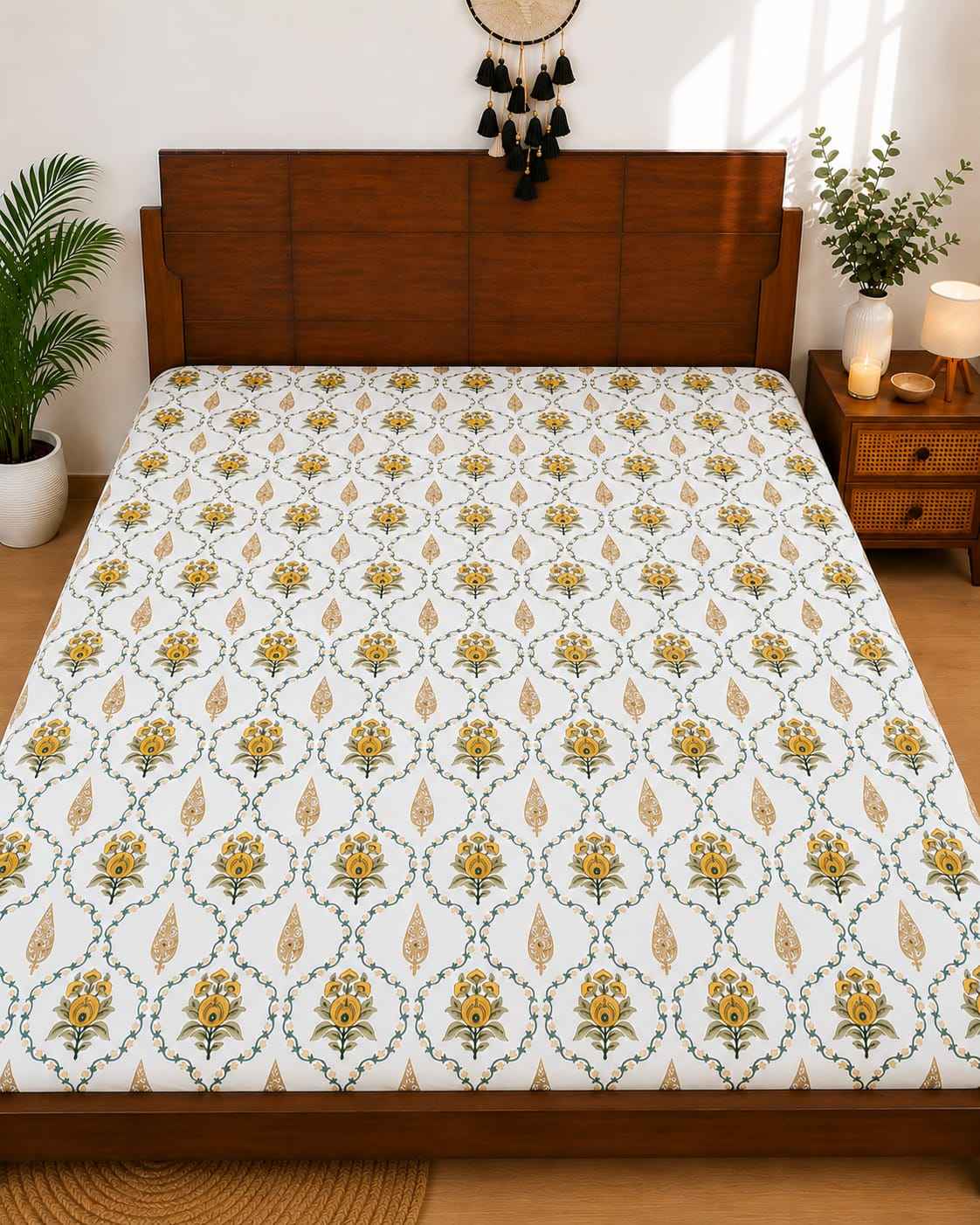 Mustard Mughal Trellis Fitted Bedsheet Set – King Size