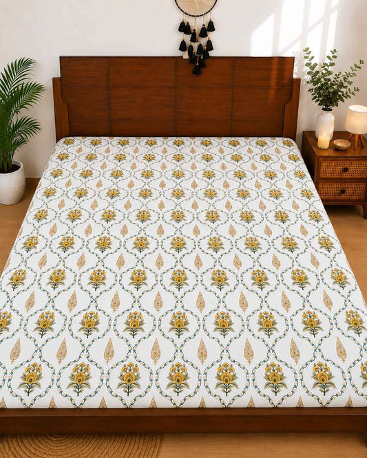 Mustard Mughal Trellis Fitted Bedsheet Set – King Size