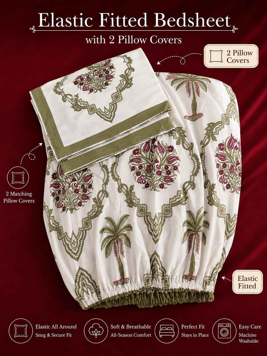 Olive Palm Medallion Fitted Bedsheet Set – King Size