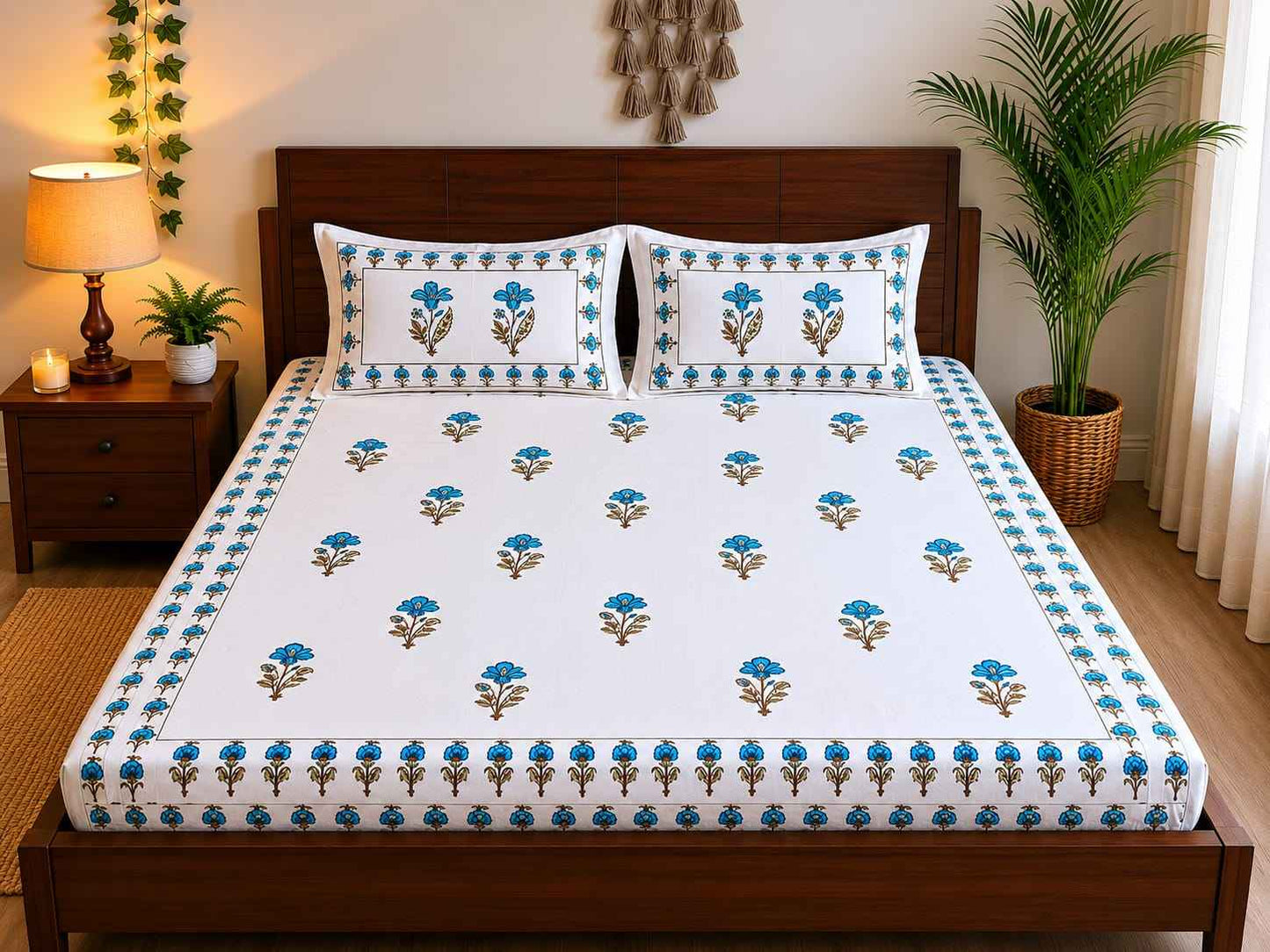 Azure Bloom Border Fitted Bedsheet Set – King Size