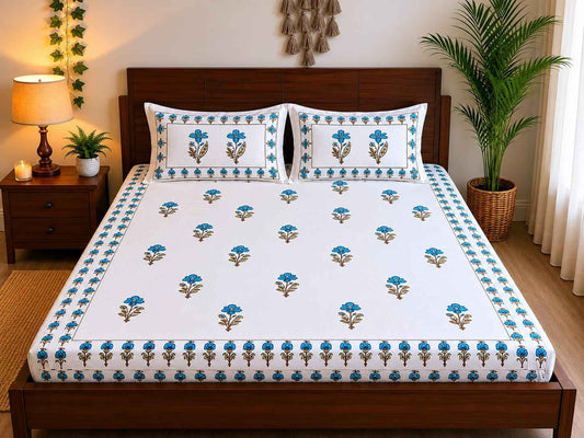 Azure Bloom Border Fitted Bedsheet Set – King Size