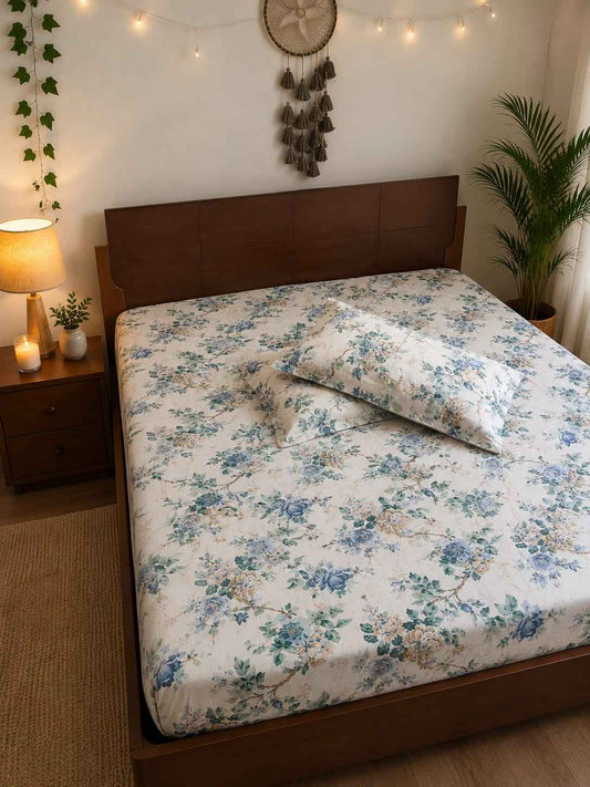 Porcelain Blue Rose Fitted Bedsheet Set – King Size