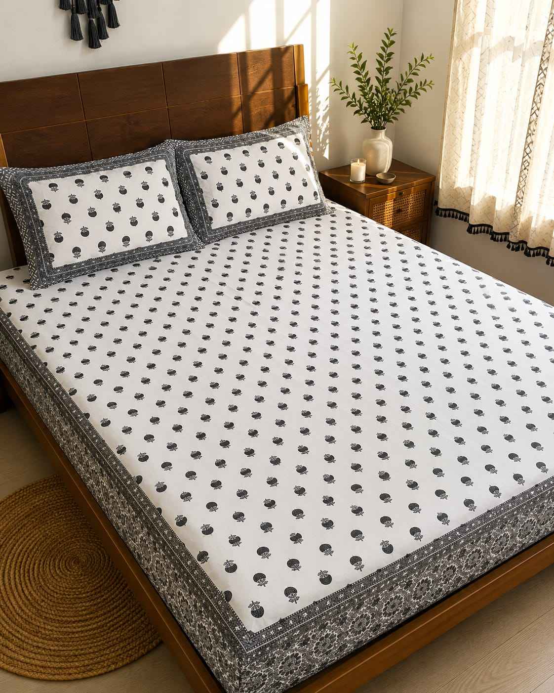 Charcoal Buti Border Fitted Bedsheet Set – King Size