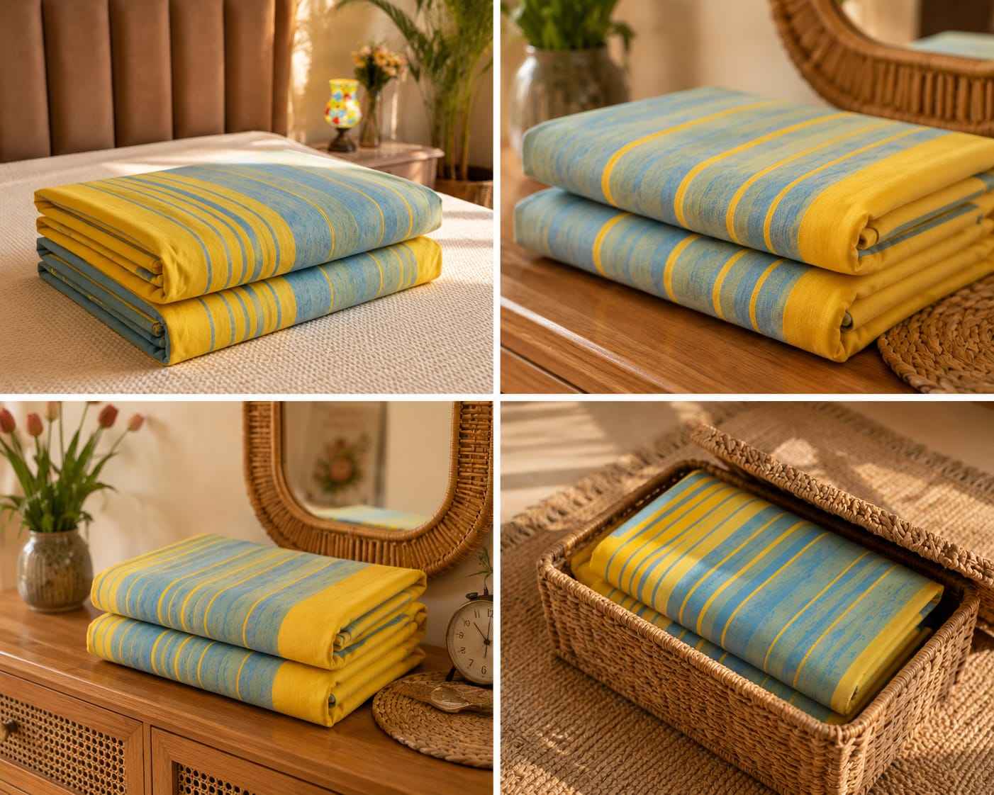 Sunlit Yellow & Teal Stripe Handloom Bedsheet Set