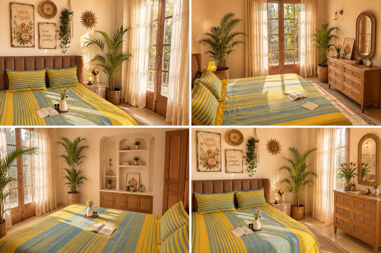 Sunlit Yellow & Teal Stripe Handloom Bedsheet Set