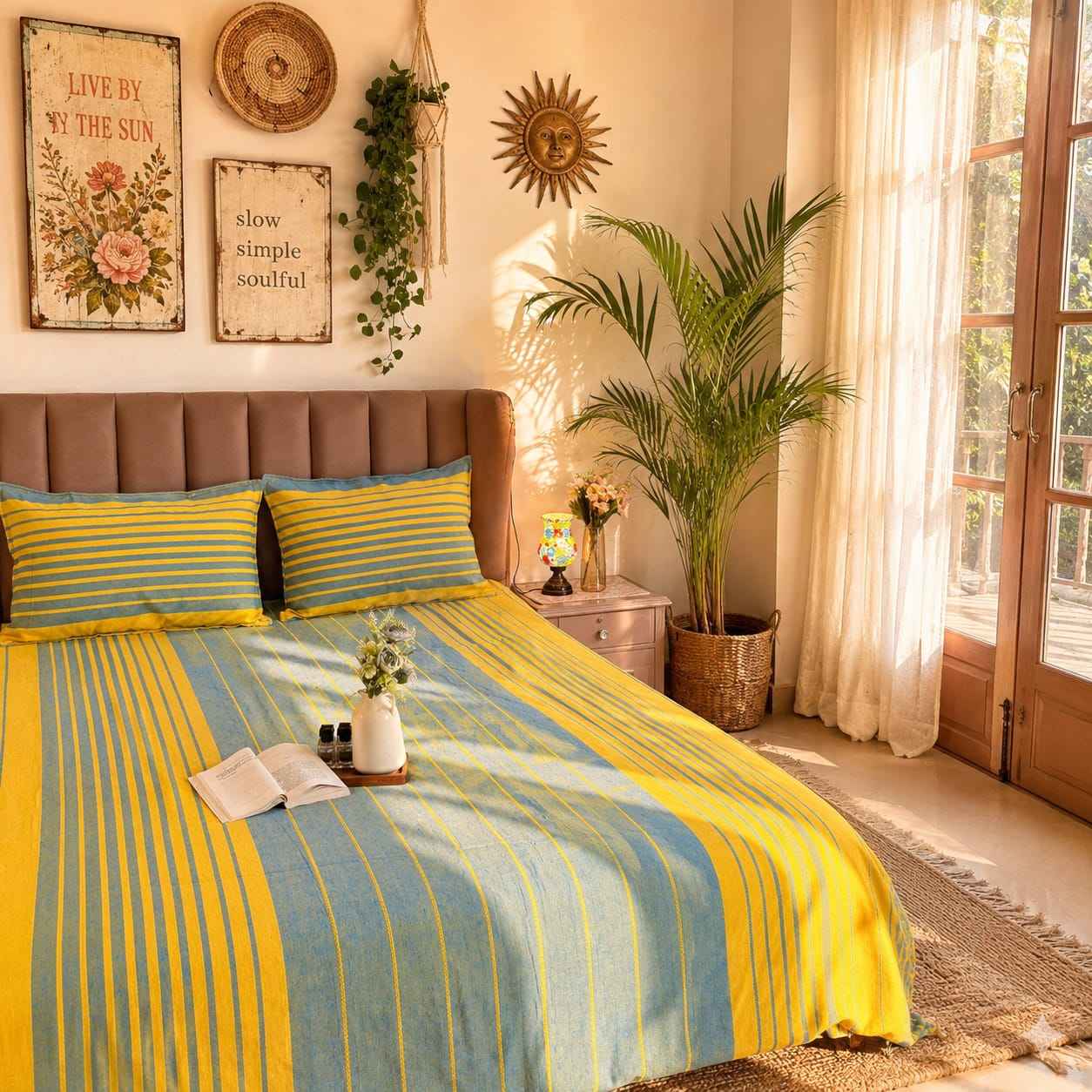 Sunlit Yellow & Teal Stripe Handloom Bedsheet Set
