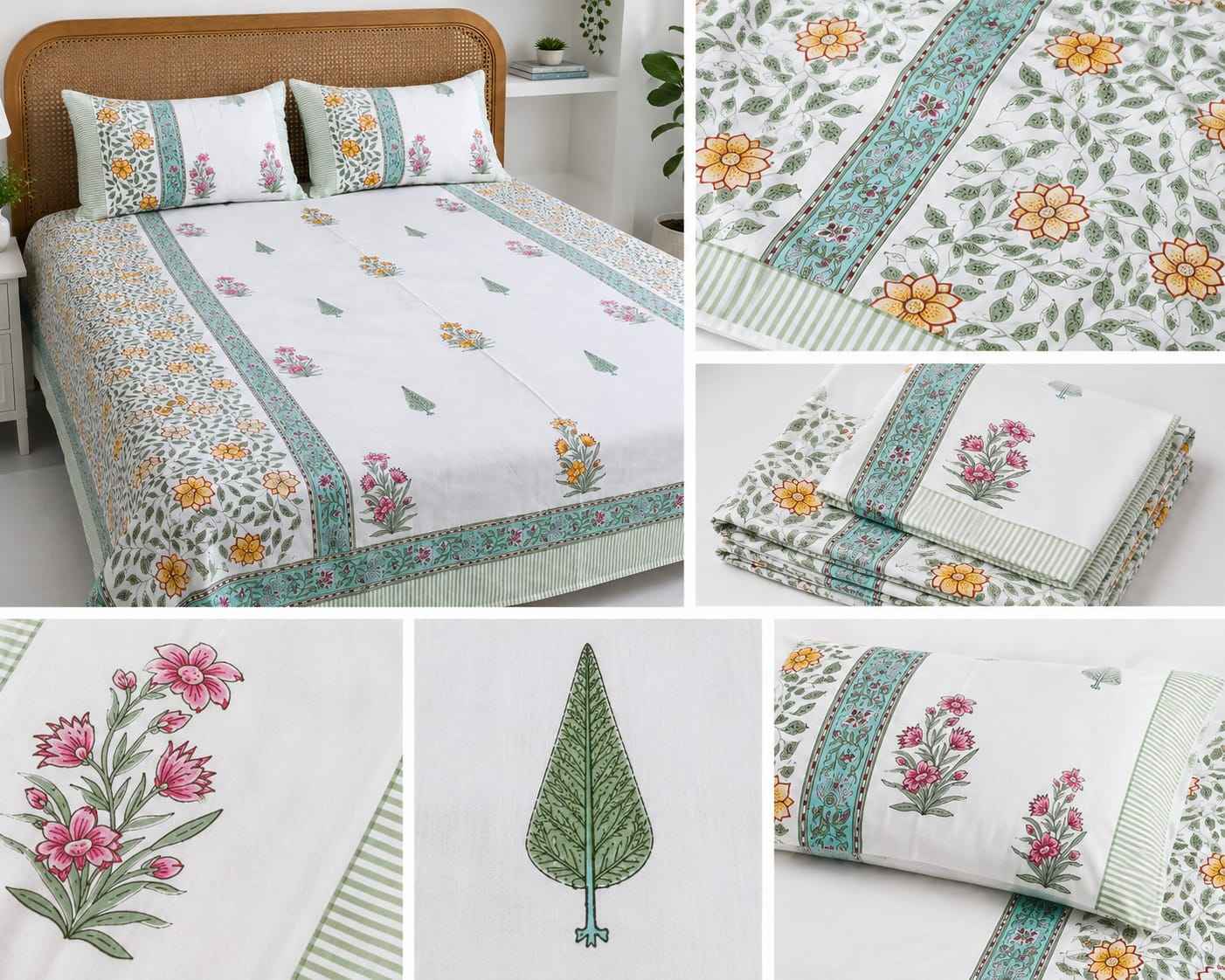 Pure Handblock Cotton Bedsheet – Mint Floral Border