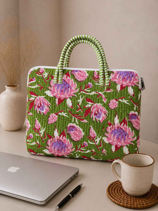 Green Lotus Floral Quilted Cotton Laptop Bag for 15 Inch Laptop