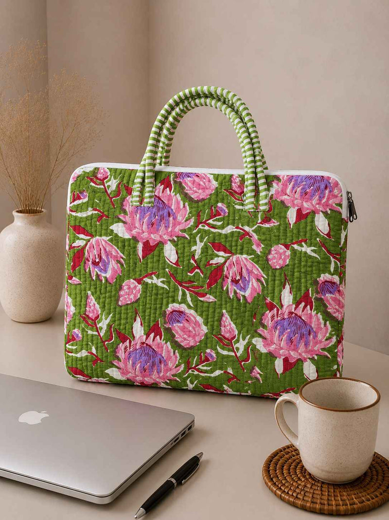 Green Lotus Floral Quilted Cotton Laptop Bag for 15 Inch Laptop