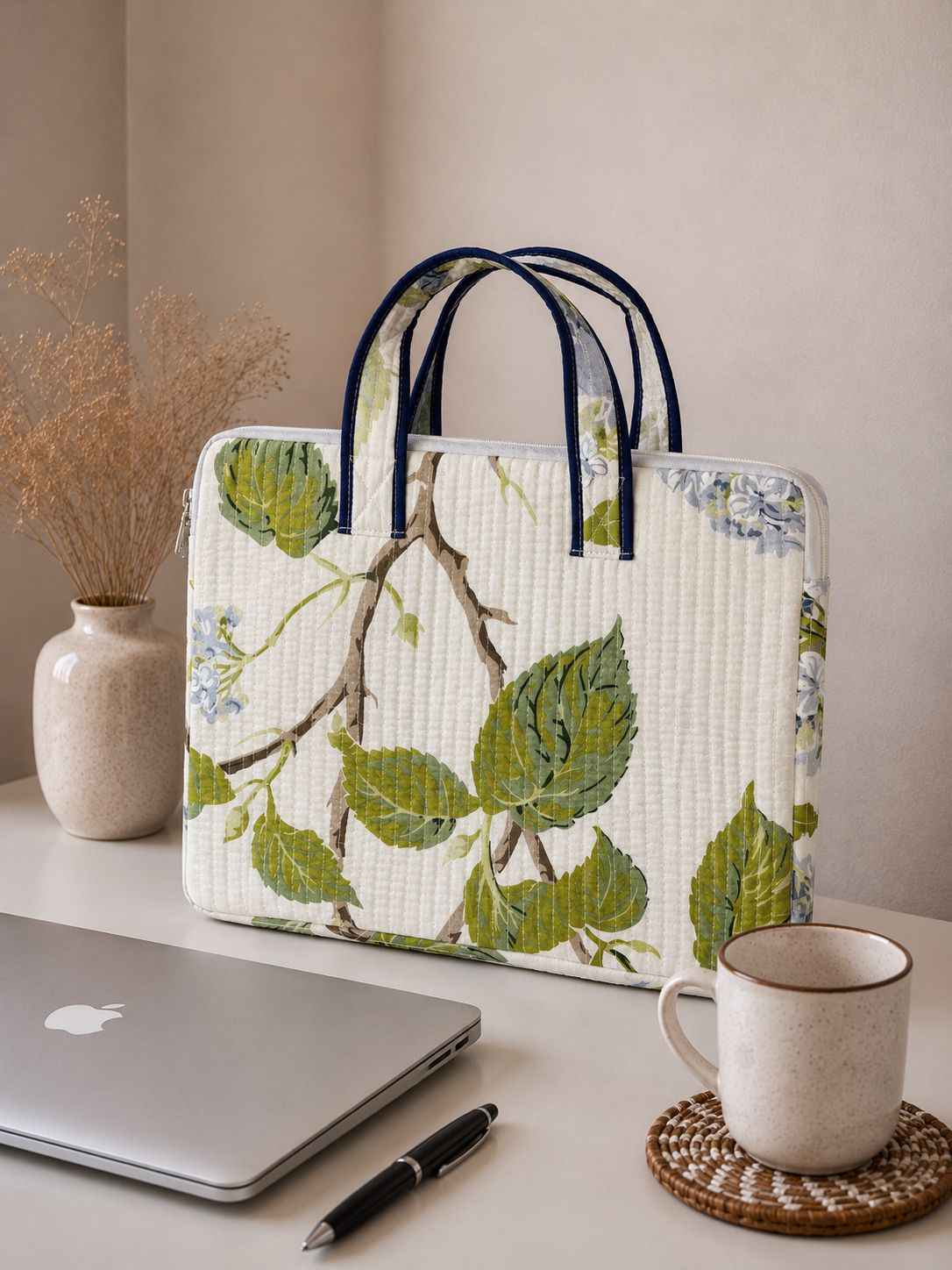 Ivory Leaf Garden Quilted Cotton Laptop Bag for 15 Inch Laptop