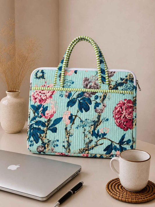 Mint Floral Garden Quilted Cotton Laptop Bag for 15 Inch Laptop