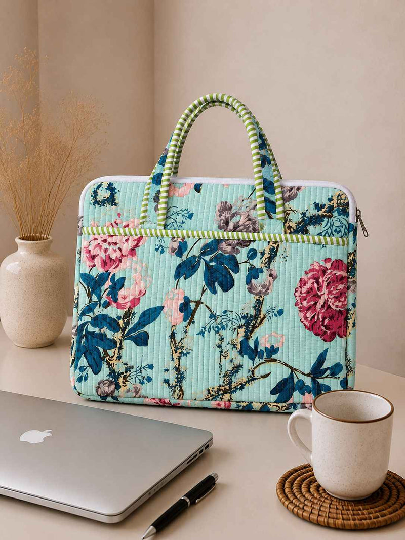 Mint Floral Garden Quilted Cotton Laptop Bag for 15 Inch Laptop