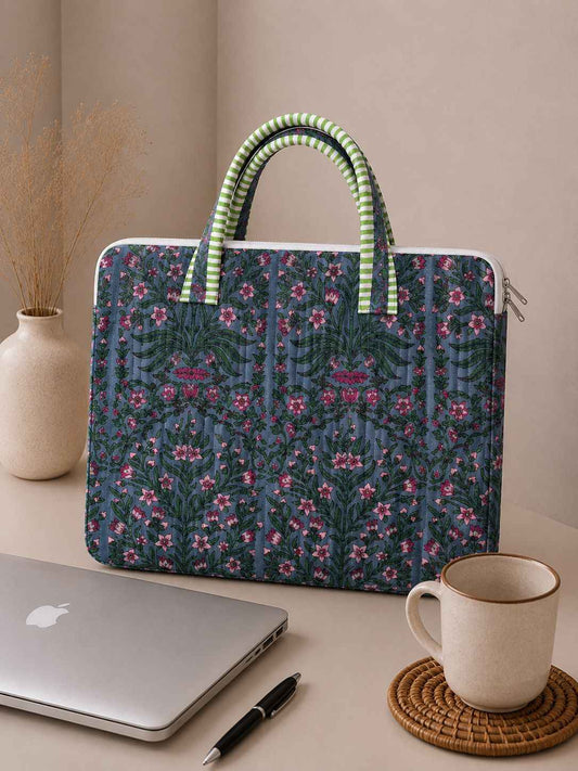 Slate Blue Floral Vine Quilted Cotton Laptop Bag for 15 Inch Laptop