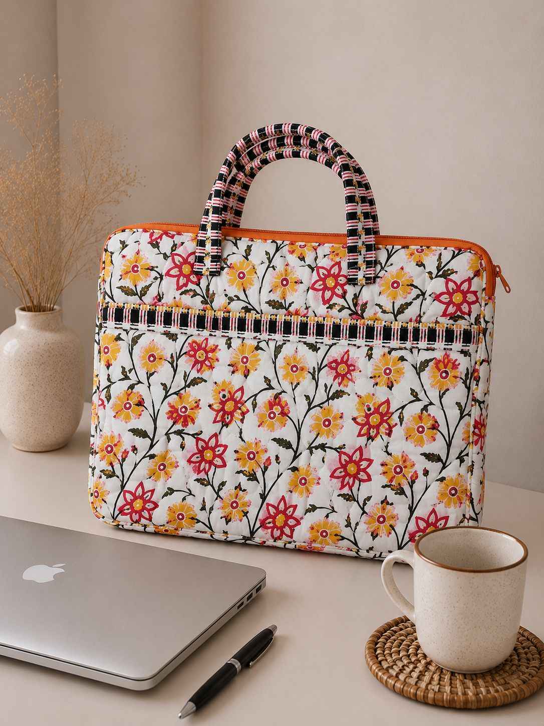 White Yellow Floral Quilted Cotton Laptop Bag for 15 Inch Laptop