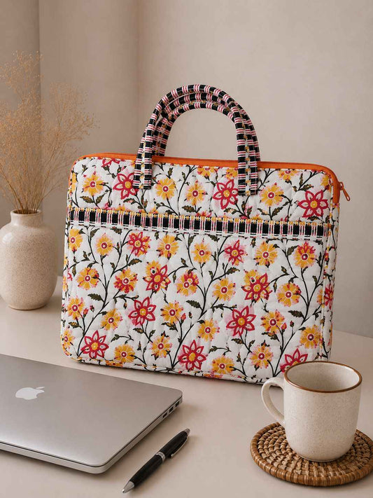 White Yellow Floral Quilted Cotton Laptop Bag for 15 Inch Laptop