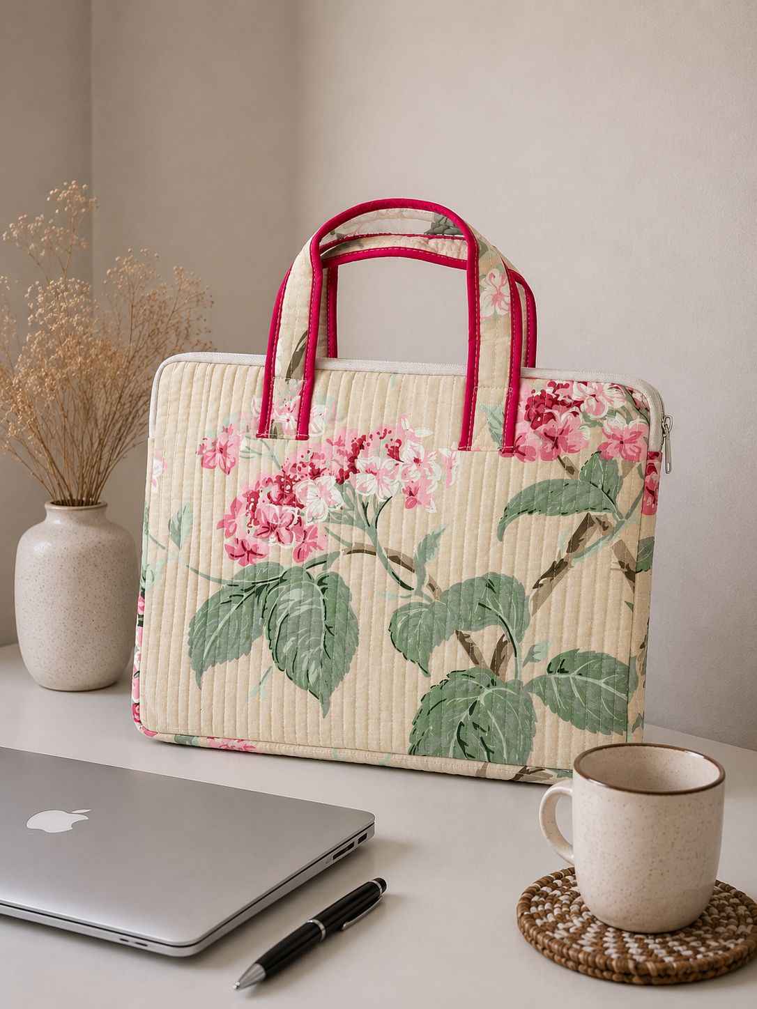 Cream Pink Hydrangea Quilted Cotton Laptop Bag for 15 Inch Laptop