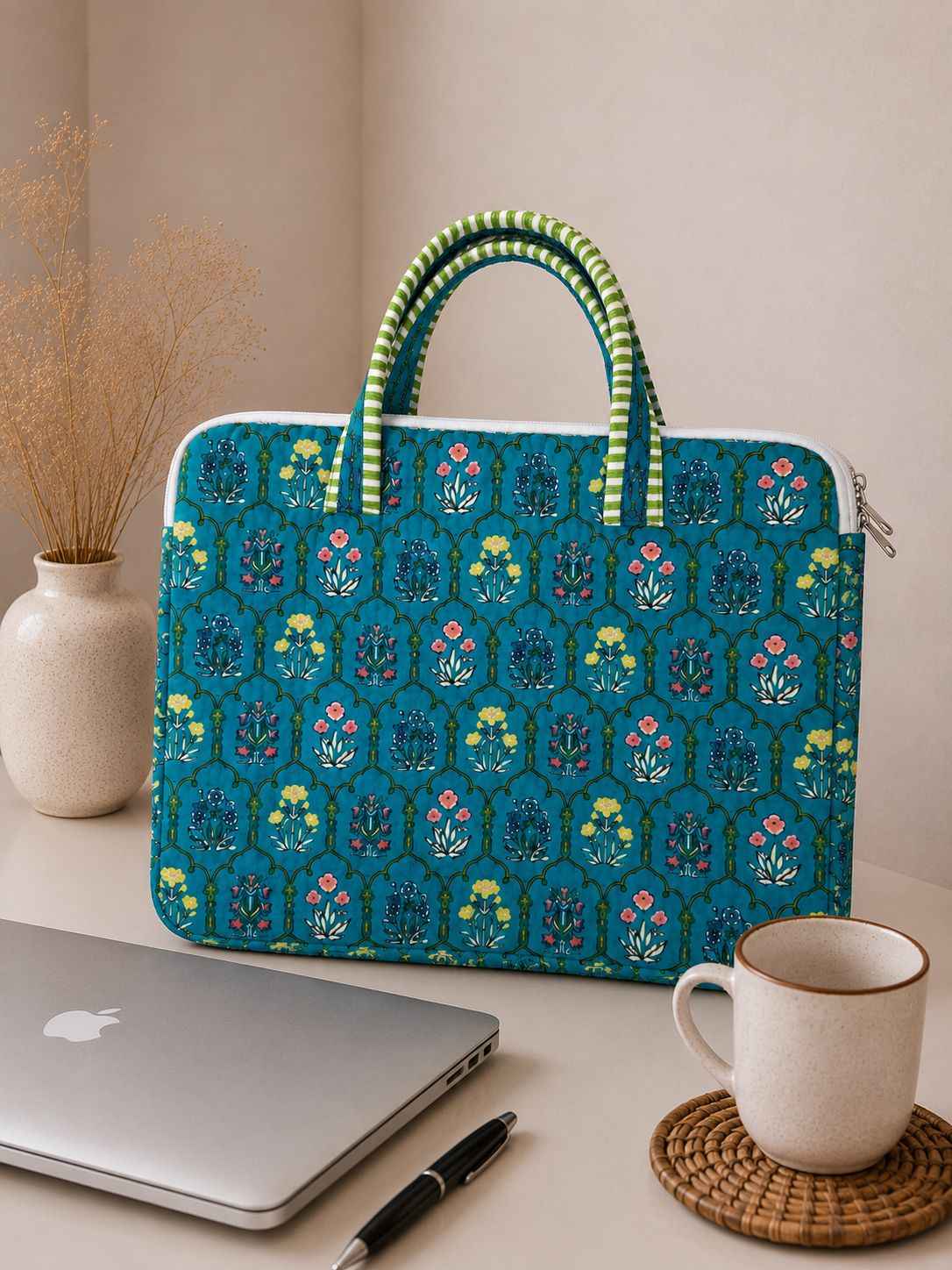Teal Trellis Floral Quilted Cotton Laptop Bag for 15 Inch Laptop