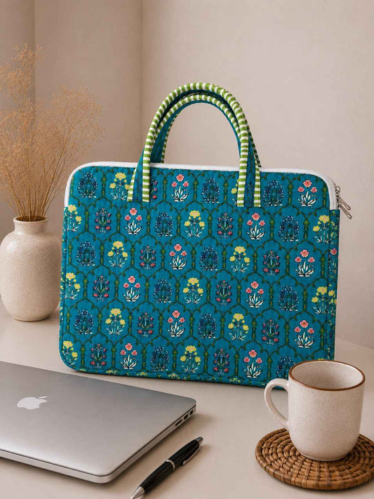 Teal Trellis Floral Quilted Cotton Laptop Bag for 15 Inch Laptop