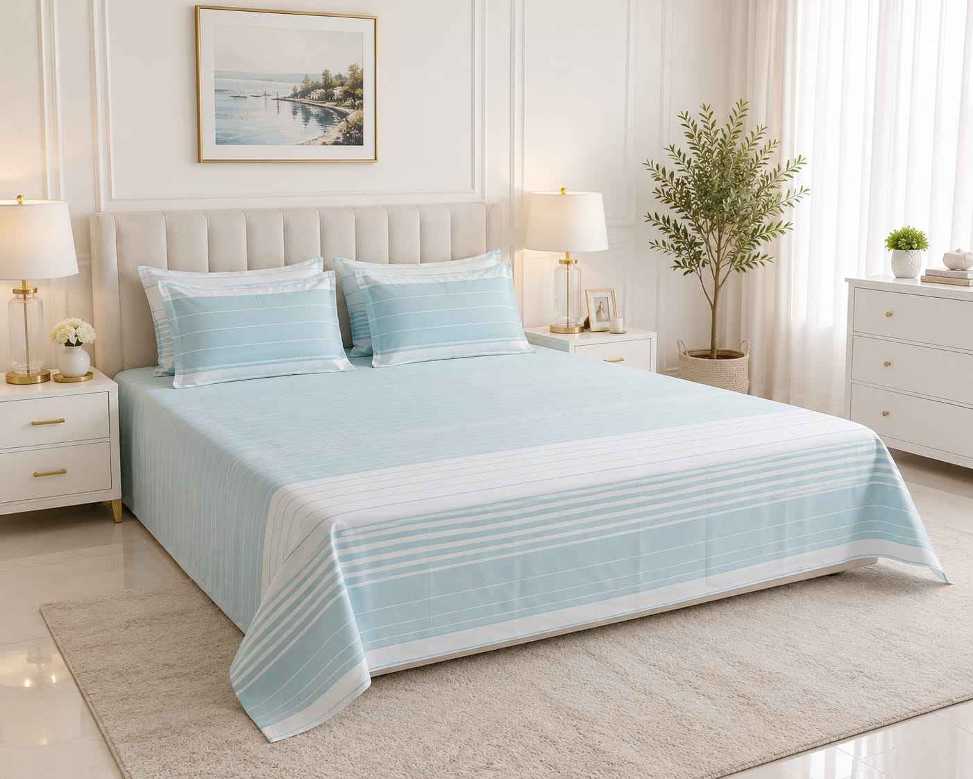 Sky Blue & White Stripe Premium Handloom Bedsheet Set