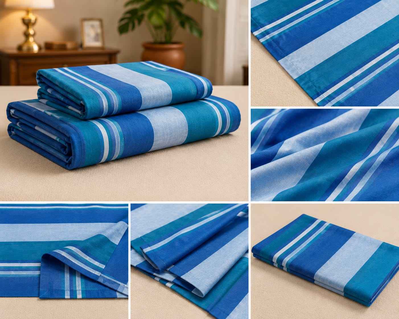 Ocean Blue & Teal Multistripe Premium Handloom Bedsheet Set