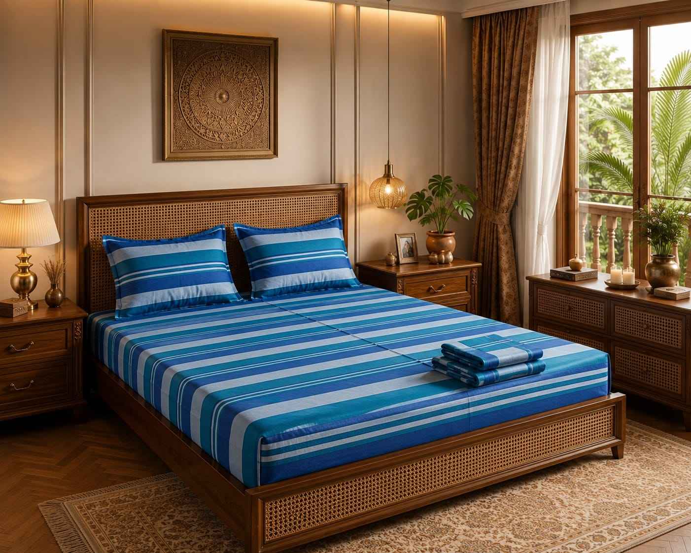 Ocean Blue & Teal Multistripe Premium Handloom Bedsheet Set