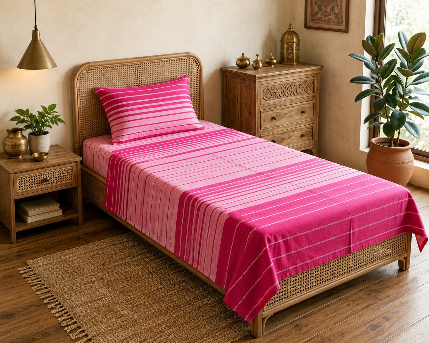 Pink Stripe Handloom Single Bedsheet