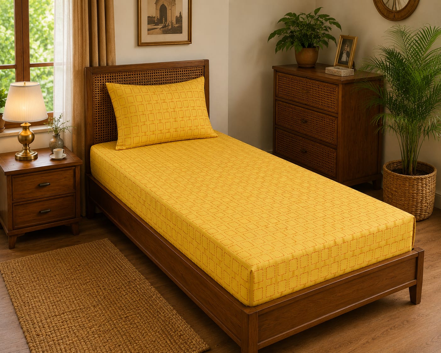 Mustard Grid Handloom Single Bedsheet