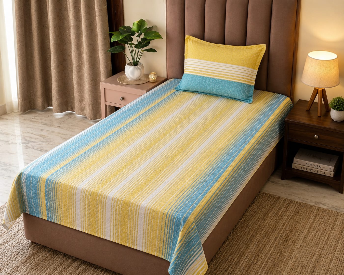 Yellow Blue Stripe Handloom Single Bedsheet