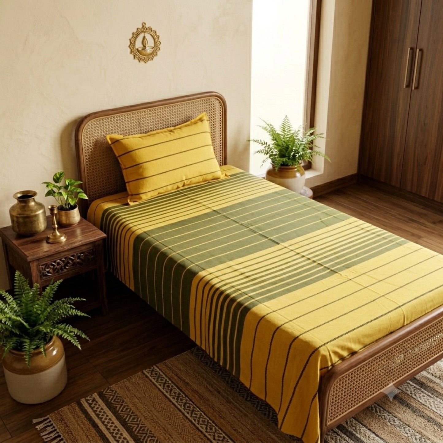 Olive Stripe Handloom Single Bedsheet
