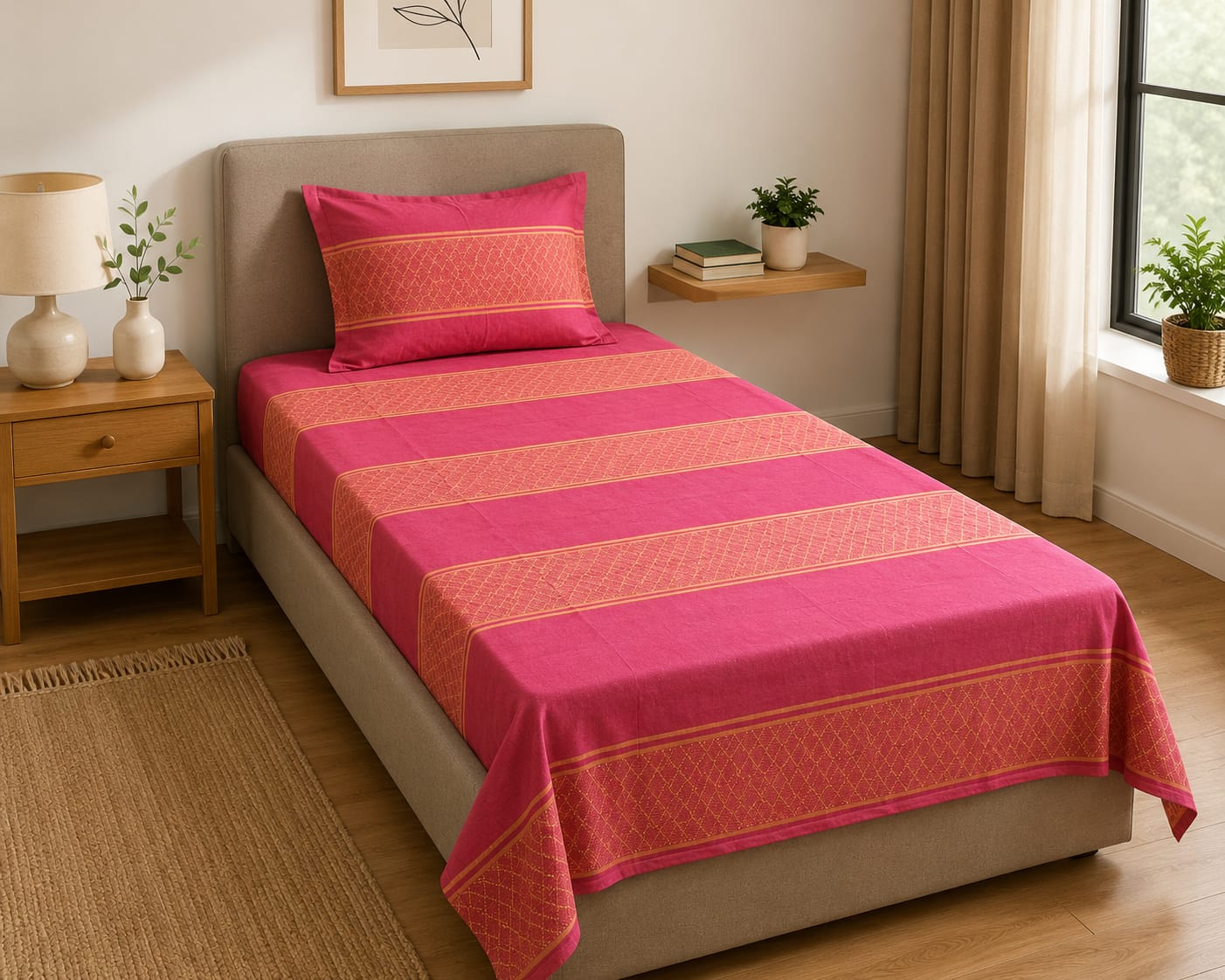 Pink Gold Pattern Handloom Single Bedsheet