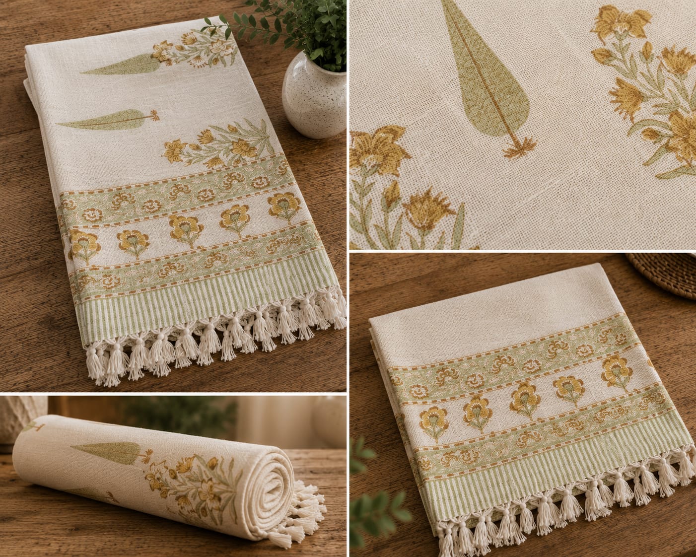 Mustard Botanical Floral Hand Block Jute Table Runner