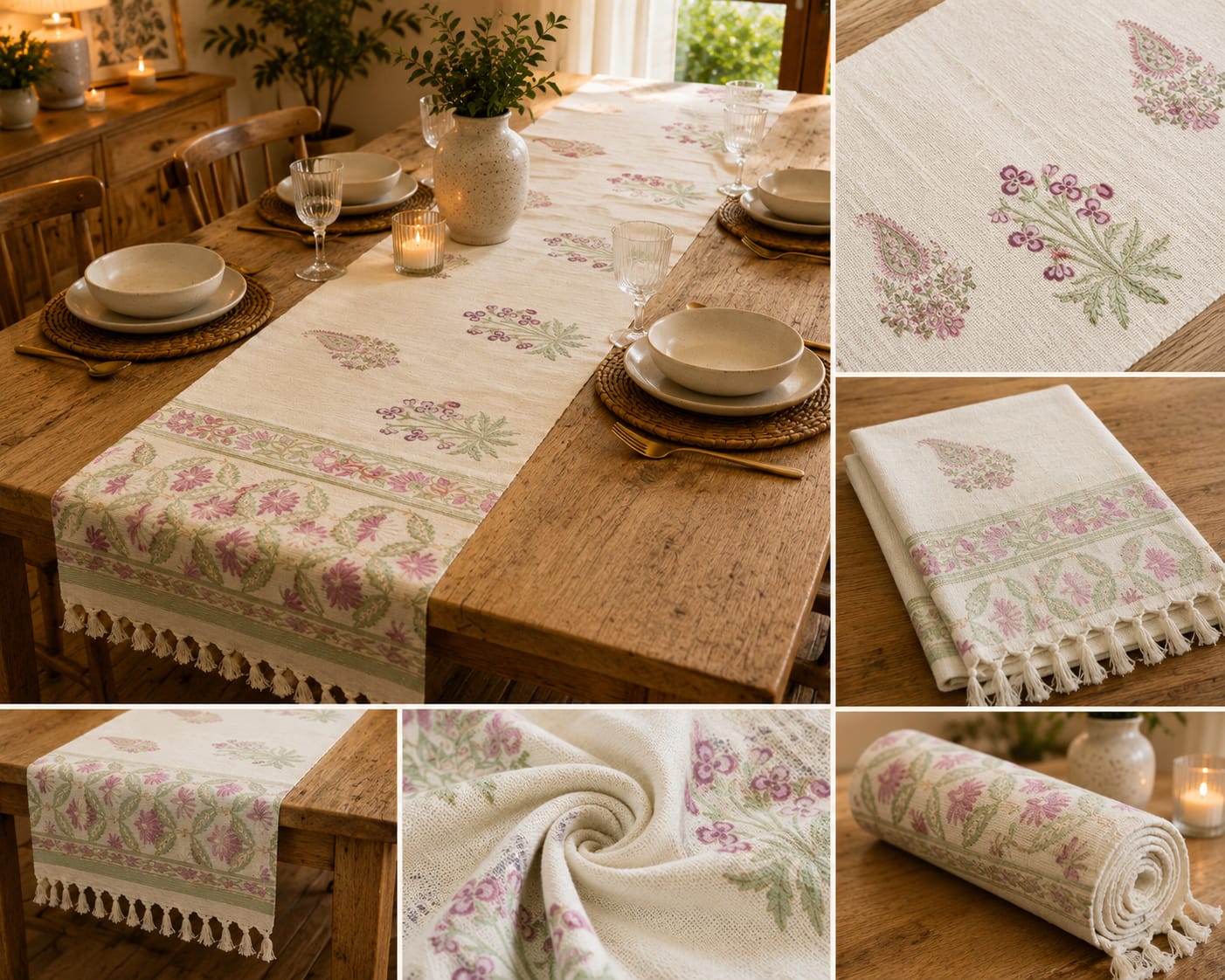 Pastel Pink Floral Vine Hand Block Jute Table Runner