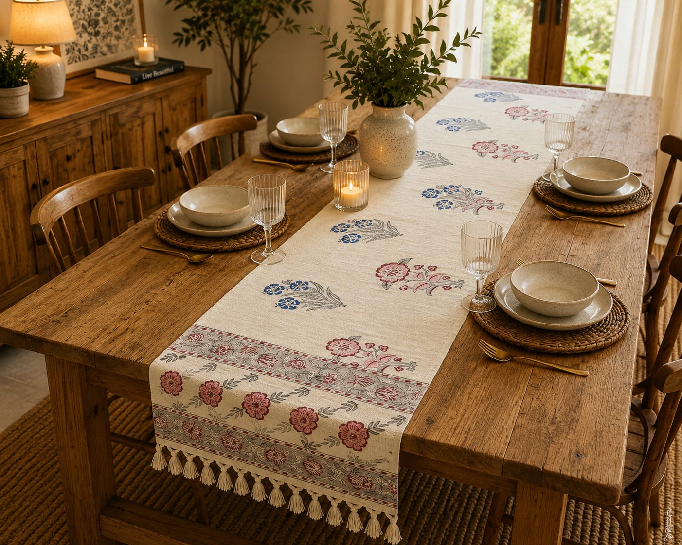 Multicolor Floral Border Hand Block Jute Table Runner