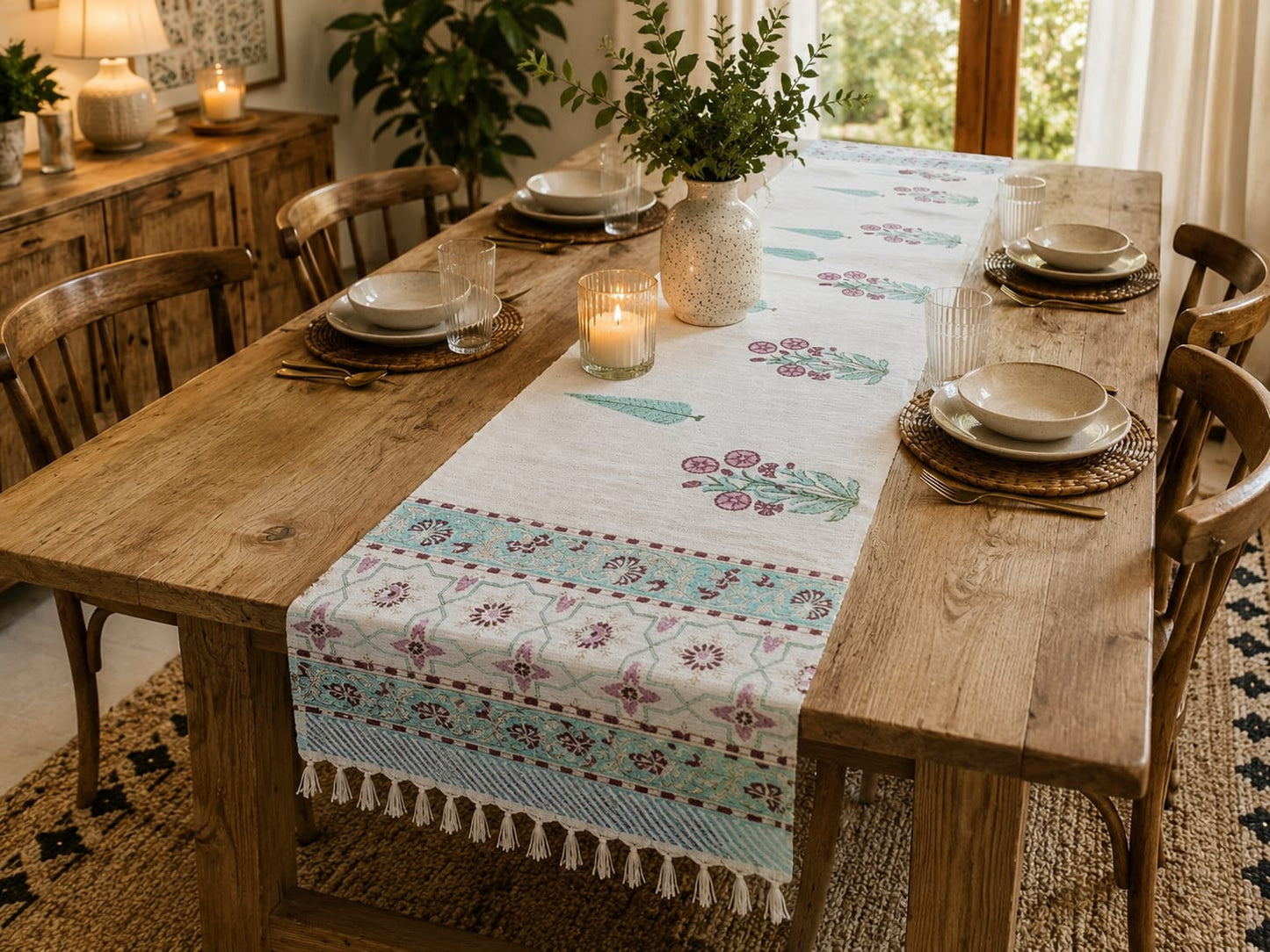 Aqua Floral Panel Hand Block Jute Table Runner