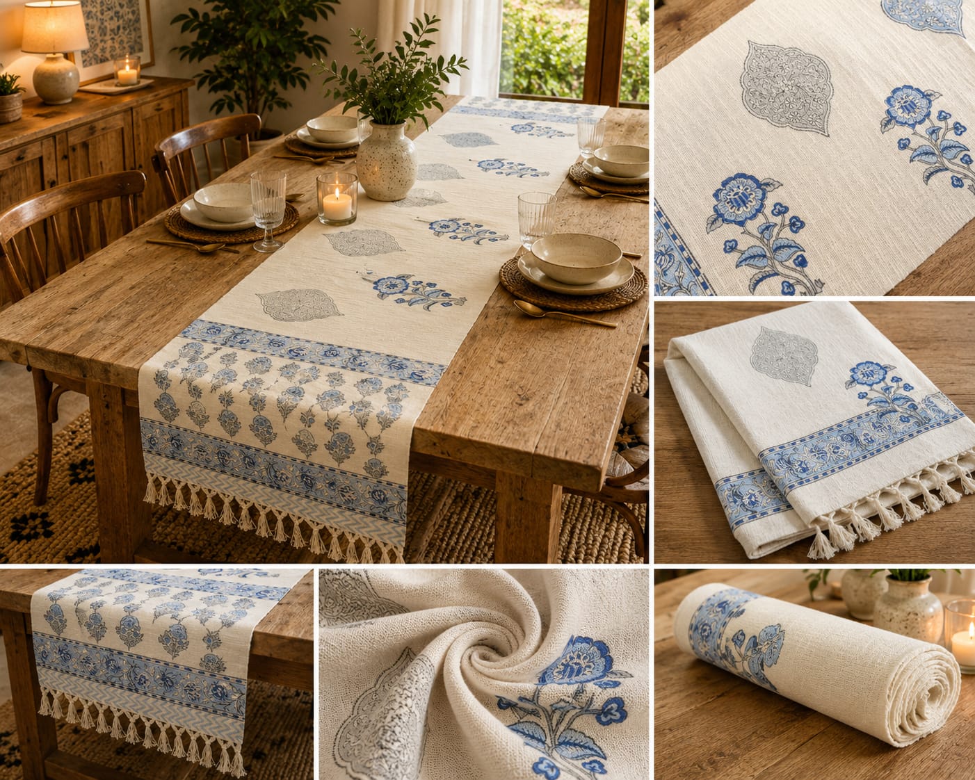 Indigo Floral Paisley Hand Block Jute Table Runner